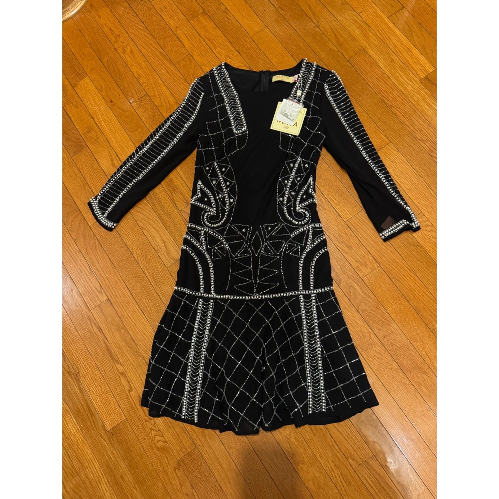 Maya Deluxe Tall Black Beaded Flapper Dress Art Deco Pearl Cocktail Size 4 BNWT